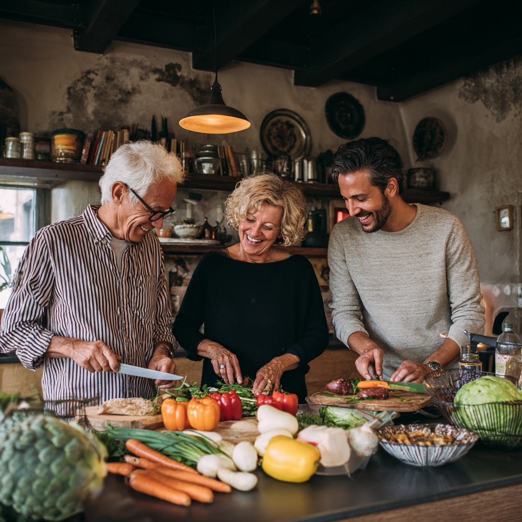 Happy Hungarian adults of various ages enjoying healthy meal planning together in a bright kitchen setting