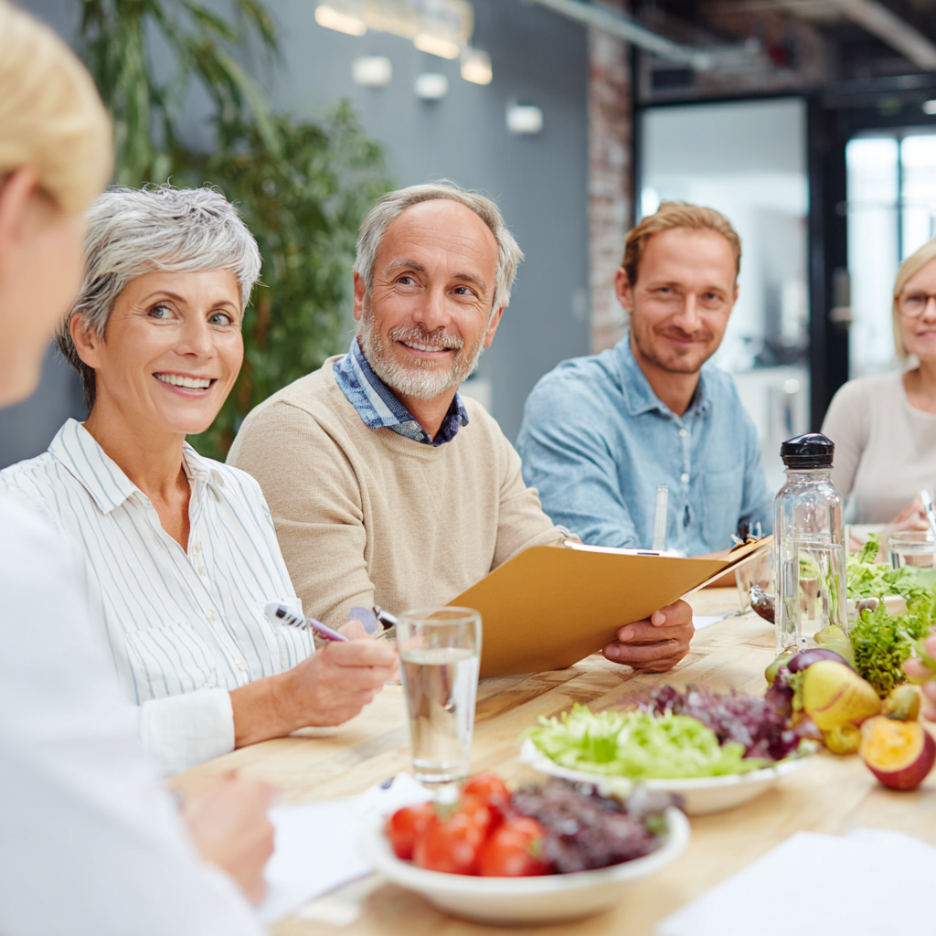 Group of smiling Hungarian adults of different ages shopping for fresh seasonal produce at a local Hungarian market